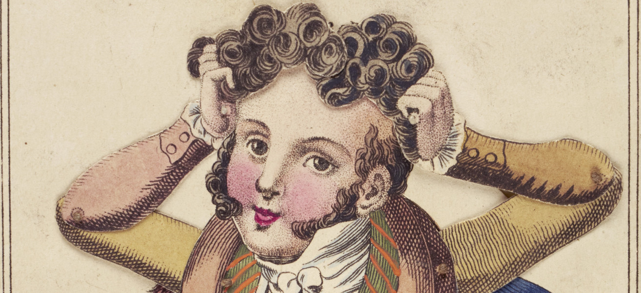 2a Mann sich die Haare vom Kopf reissend Hebelzugkarte A. P. Eisen Nurnberg um 1825 FDH Foto c A.P.Englert lang