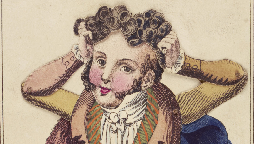 2a Mann sich die Haare vom Kopf reissend Hebelzugkarte A. P. Eisen Nurnberg um 1825 FDH Foto c A.P.Englert lang